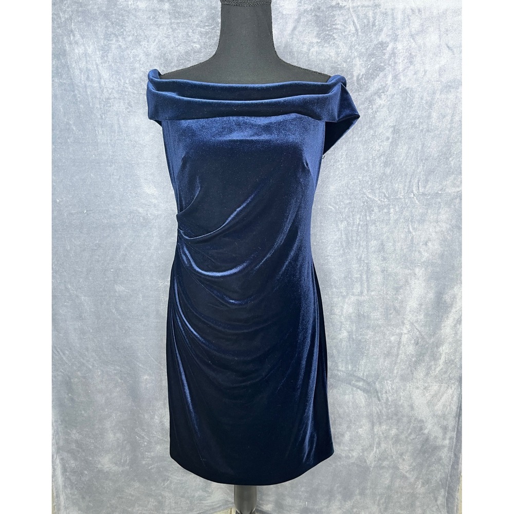 Vince Camuto Navy Velvet Dress Off Shoulder Ruched Bodycon Size 10,‎ NWT